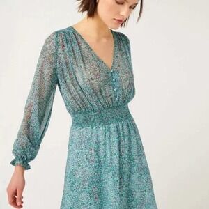 NWT 7 For All Mankind Sheer Radiant Floral Long Sleeve Mini Dress Teal Sz Large